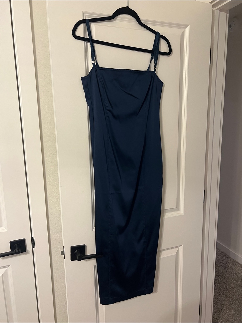 J. Crew Navy Satin Midi Slip Dress with Adjustable Straps
